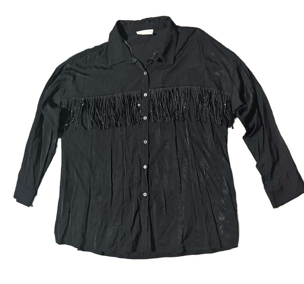 Savanna Jane size 2X Black Rhinestone Fringe Trim Long Sleeve Button Up Blouse